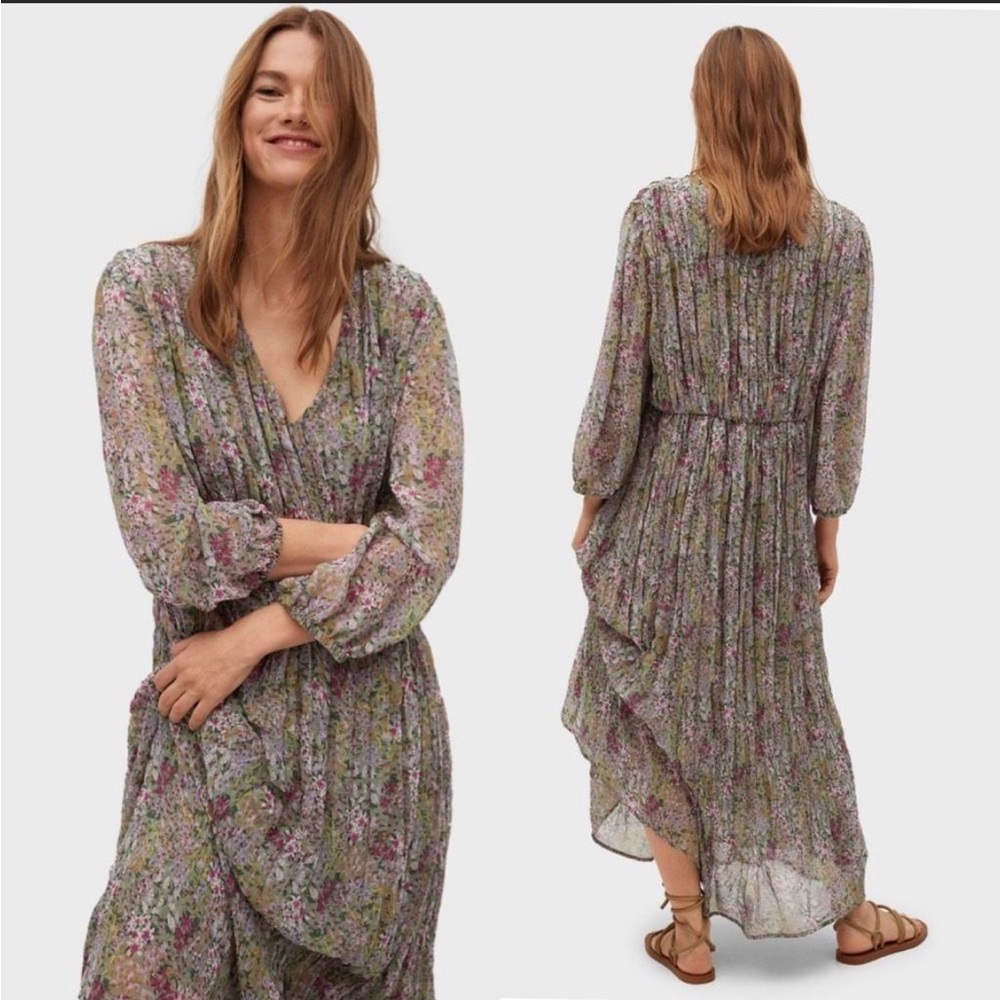 MNG by Mango  Floral Print Pleated Maxi Dress